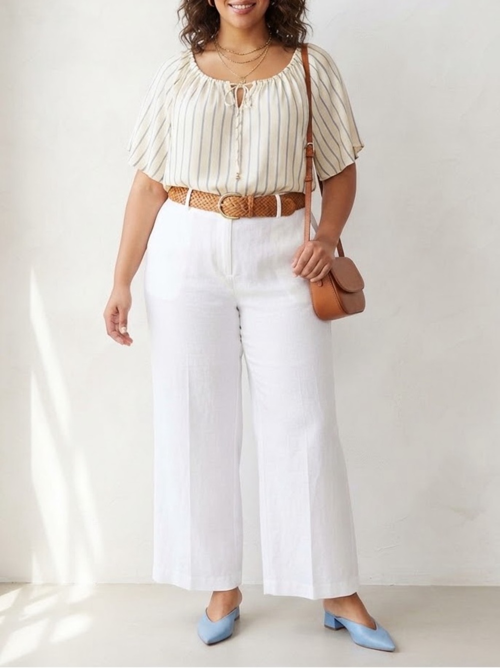 Ava & Viv Cream Blouse with Blue Pinstripes and Tie Neck
